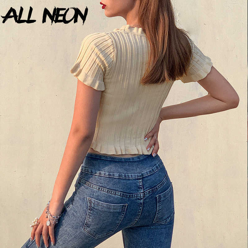 Plain pleated top, jacket with a row of buttons, K-pop, V-neck, short sleeve knitted T-shirt, fashion casual T-shirt 210602