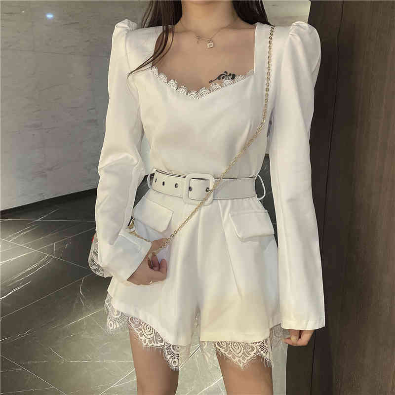 Summer Korean Women Elegant Solid Jumpsuit Lace Long Sleeve V Neck Office Lady Short Wide leg Bodysuit With Belt 210519