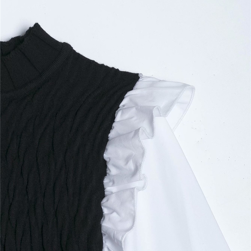 Elegant Women Knitted Patchwork Shirts Fashion Ladies Stand Collar Cotton Tops Streetwear Female Chic Ruffles Blouses 210430