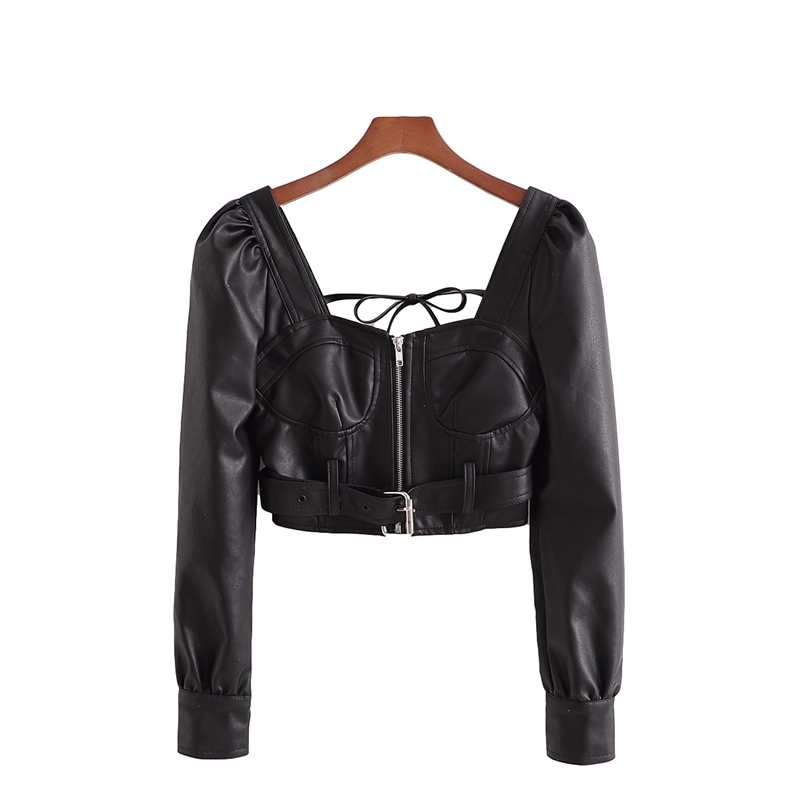 Streetwear Women Faux Leather Jackets Fashion Ladies Zipper Sashes Coats Sexy Female Chic Square Collar Short Jacket 210430