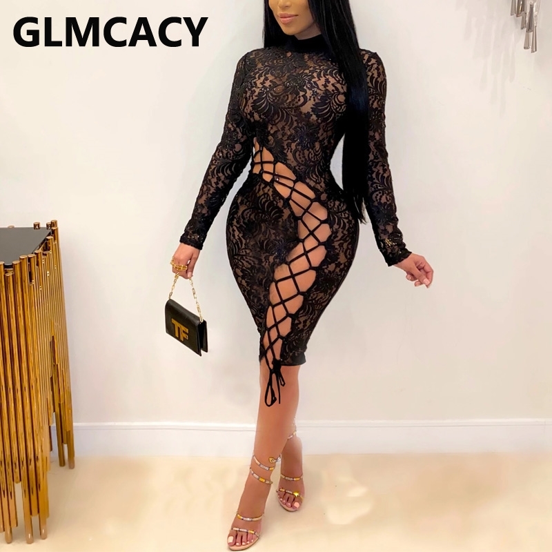 Womne Lace Hollow Out Dress Lace Up Front Bodycon Party Dresses 210702