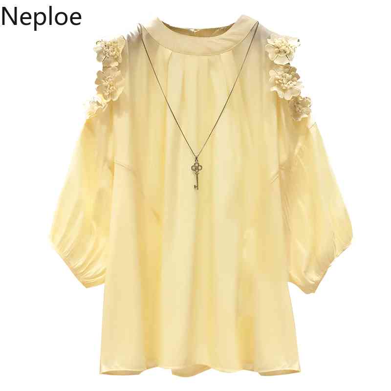 Neploe Tops Mujer O Neck Shoulder Strapless Sexy Chiffon Shirt Feminino Pullover Long Sleeve Loose Solid Blusas Spring Blouse 210422