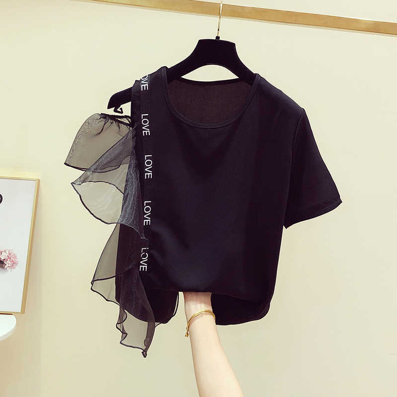 Korean Style Women T Shirts Letter Mesh Ruffled Off Shoulder Short-sleeved T-shirt Female Casual Summer Tops 210615Z