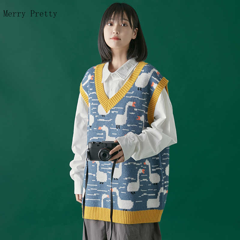 Winter Women Sweater Vest Chic Cartoon Duck Embroidery Jacquard Knitted Sleeveless V-neck Sweet Sweaters Girl Pullovers Top 210819