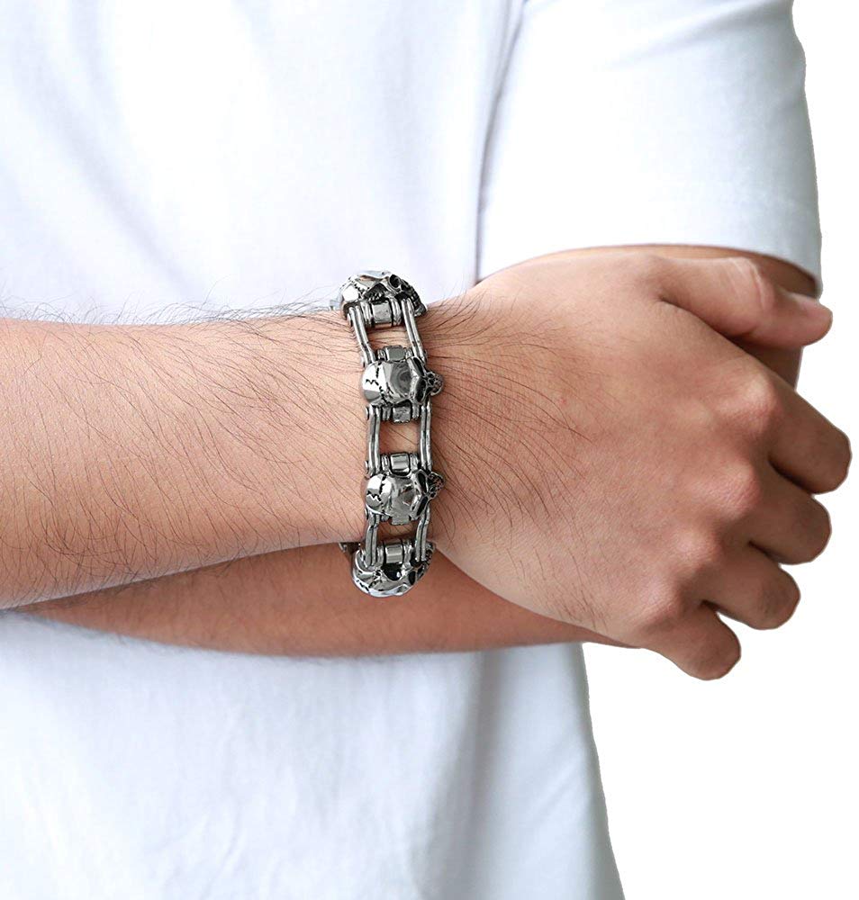 Heavy Large Men's Stainless Steel Bicycle Chain Skull Bracelet Biker Polished Punk Rock Link Wristband 22mm Wide with Velvet Bag