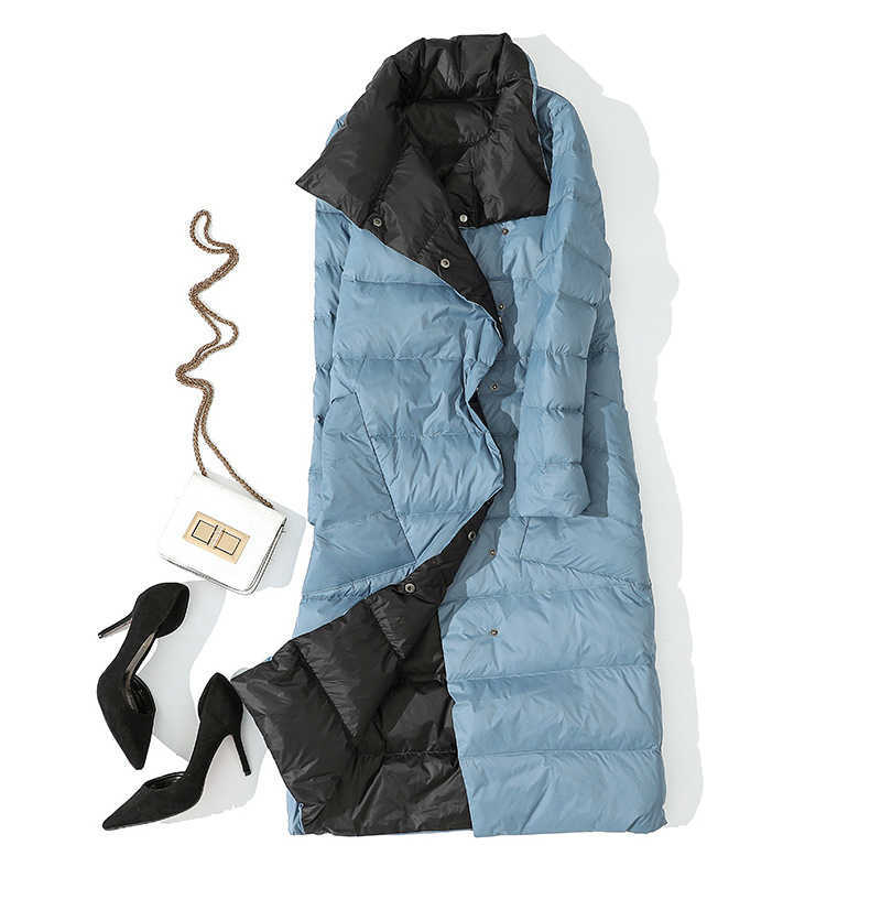 Luzuzi Women Double Sided Down Jacket Winter Turtleneck White Duck Down Coat Double Breasted Warm Padded Parkas Snow Long coat 210819
