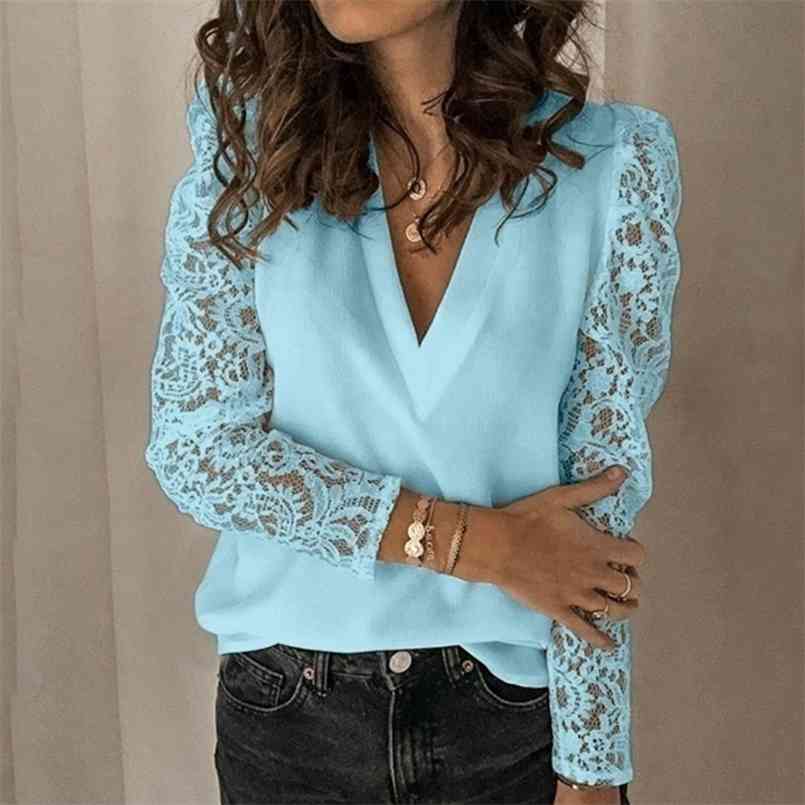 Women's Tshirts Casual Solid Color Lace Tops Long Sleeves Chiffon Plus Size T-Shirt Loose Pullover V Neck Women Clothing Tunic 210819