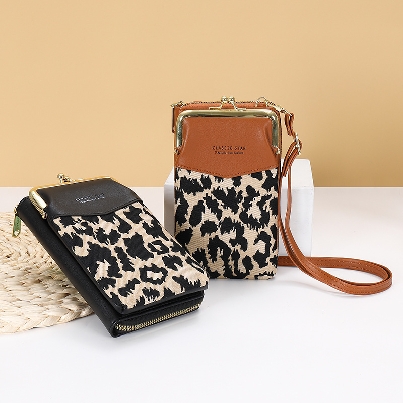 Wholesale factory ladies vertical wallets retro Leopard mobile phone bags simple joker color matching leather clutch bag street trend zipper long wallet