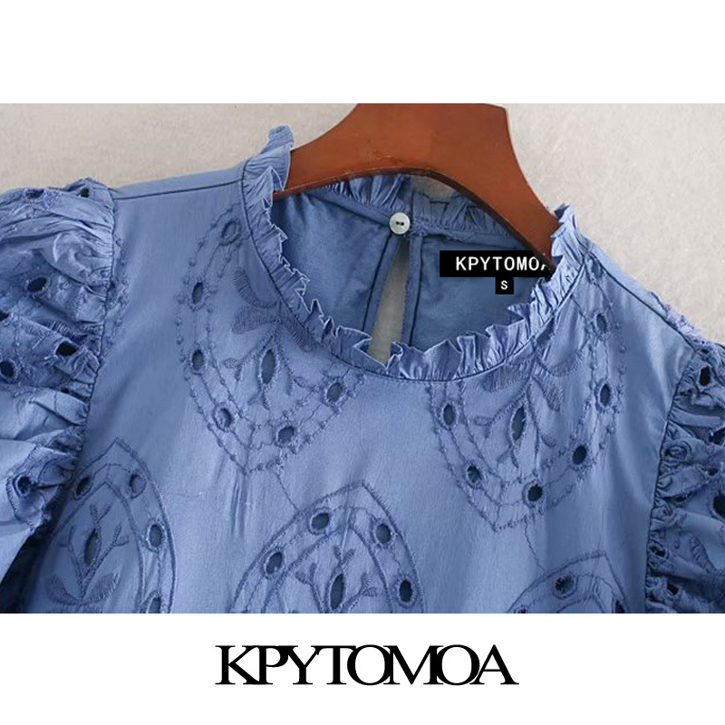 Women Chic Fashion Hollow Out Embroidery Mini Dress High Neck Puff Sleeve Female Dresses Vestidos Mujer 210420