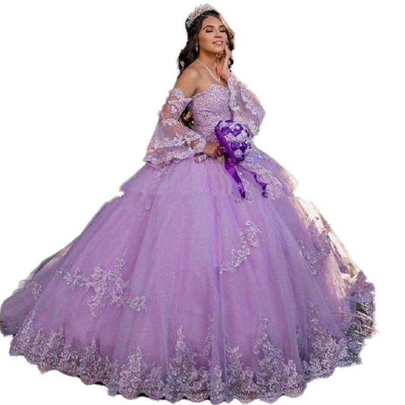 Princess Lilac Quinceanera Dresses Poet Long Sleeves Off The Shoulder Ball Gown Sweet 16 Dress Vestidos De 15 Años Appliques Lace Beaded Floor Length 