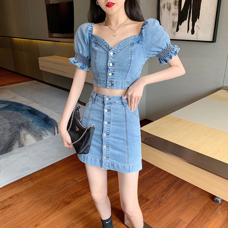 Korean Summer Women 2 Piece Set Denim Sexy Slash Neck Short Sleeve Buttons Crop Top + Mini Skirts Suit Female 210519