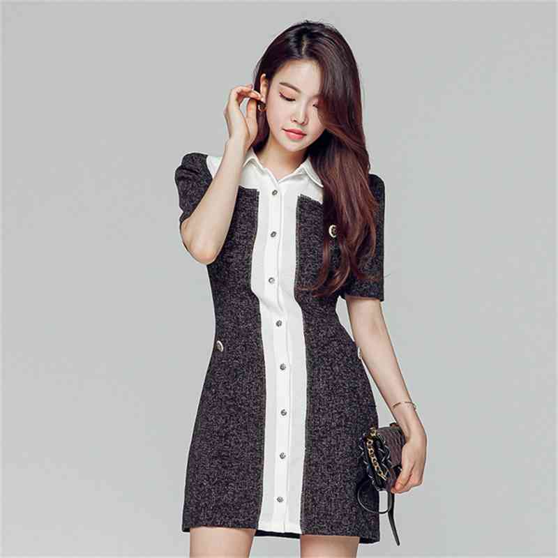 Autumn Women's Tweed Hit color patchwork Turn down collar Short Sleeve Mini Dress Bodycon Elegant Chic Vestido 210519