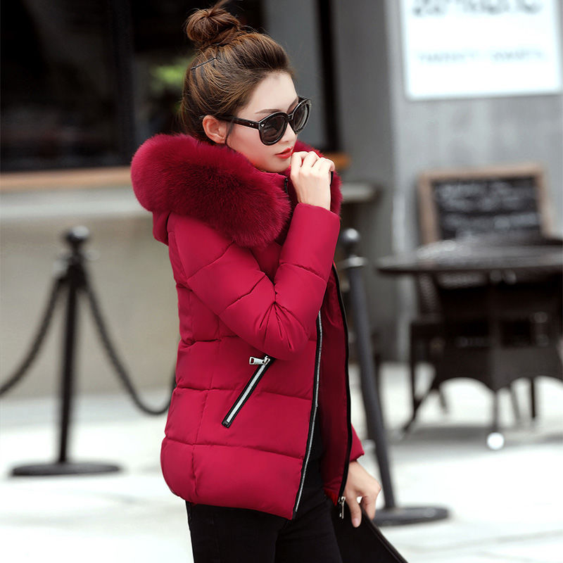 Korea Fashion Winter Women Slim Short Coat Warm Thicken Ladies Coats Big Fur Collar Hooded Parkas Lady Jacket D257 210512