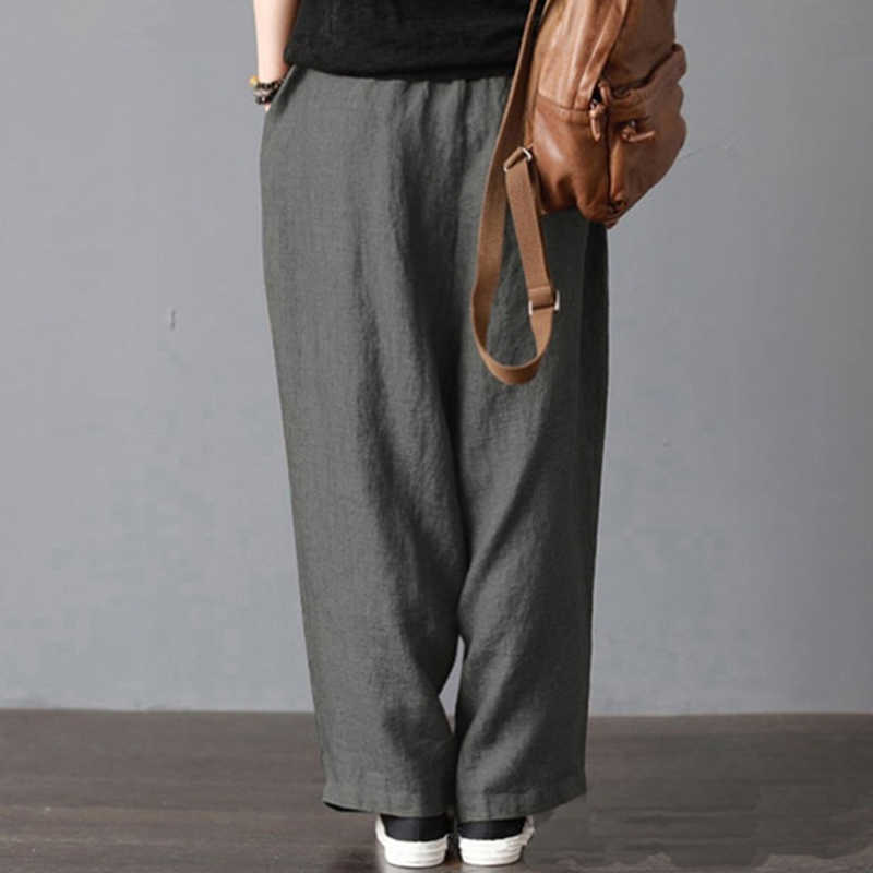 2021 New Harem Pant Hemp Bloomer new S-2XL Loose Women Trouser Cotton Linen Pleated Oversize Pockets Wide Leg Pant Q0801