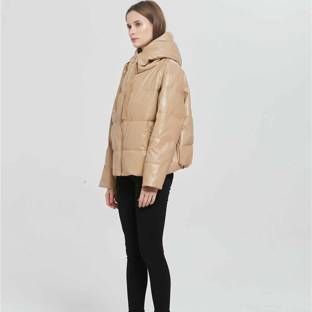 Fashion Khaki PU Leather Winter Women Jacket Coat Zipper Pocket Female Loose Hooded Parkas Oversized Warm Outwear 210508