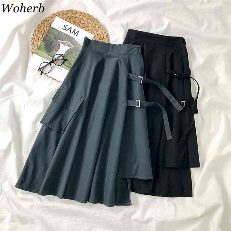 Faldas Mujer Moda Japanese Saia Spring High Waist Irregular A-line Pleated Jupe Solid Big Pocket Mid Length Skirt 210519
