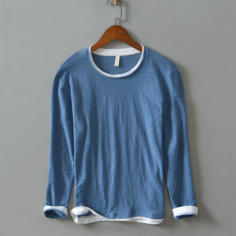Long Sleeve T-Shirts For Men O-Neck 100%Pure Cotton Tops & Tees Male Casual Wild Patchwork Men's Clothing 210601
