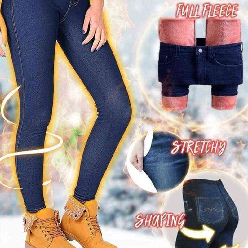 Woman Pants Fashion Women Girls Thermals Fleece Denim Leggings Warm Slim Stretch Trousers Jeans Mujer Pantalones 211129