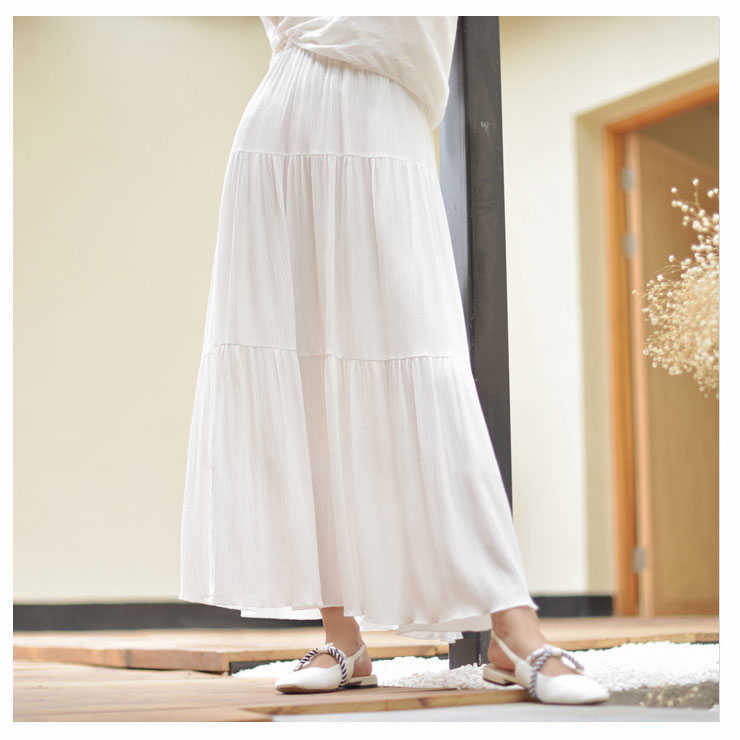 Summer Women White Long Skirt High Waist Stretch Cotton And Linen s Saia A-Line Faldas Jupe Femme 210619