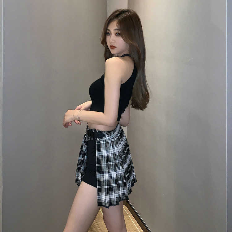 women skirt Harajuku gothic black sexy high waist pleated punk girl's with shorts summer plaid 210619