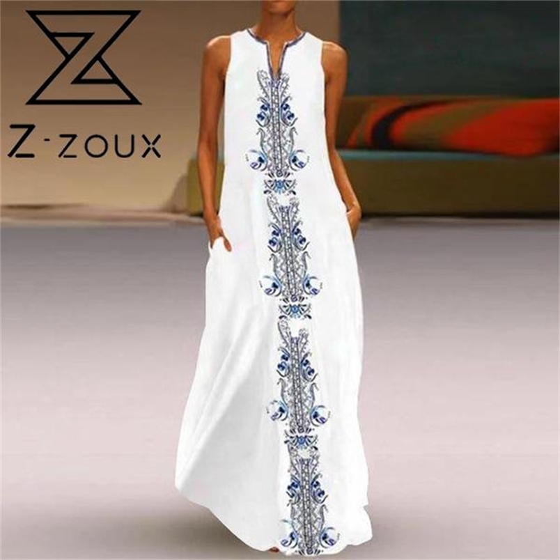 Women Dress V-neck Sleeveless Printing Dresses Plus Size Vintage Sexy Long Flowers Summer Clothes 210513