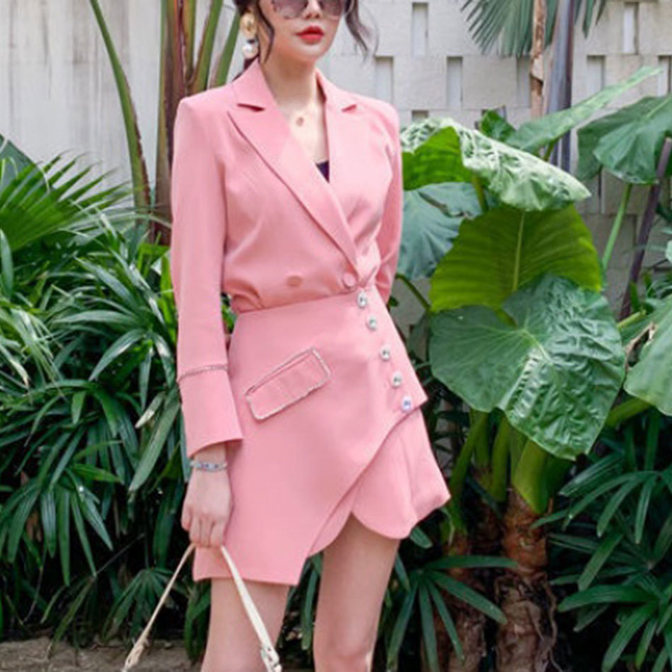 Free Autumn Women Dress Pink Sexy Lapel Double-breasted Diamond Slim Fit Suit & Girdle Club Party 210524