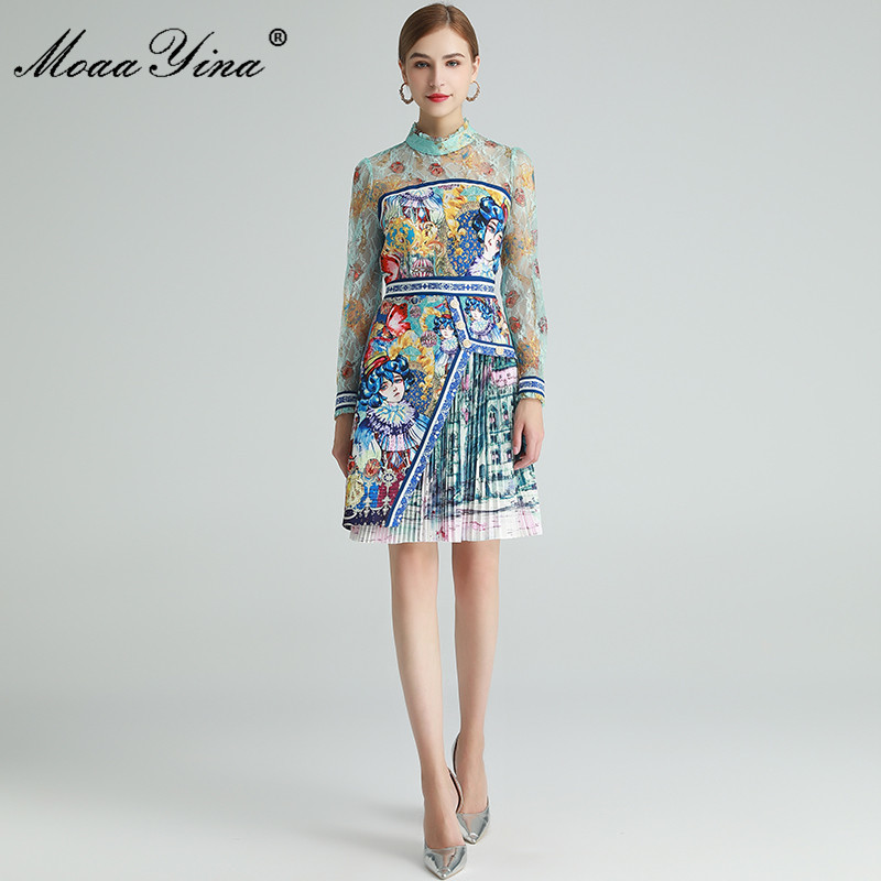 Fashion ner dress Spring Women's Dress Mesh Long sleeve Lolita Style Anime Print Pleated Dresses 210524