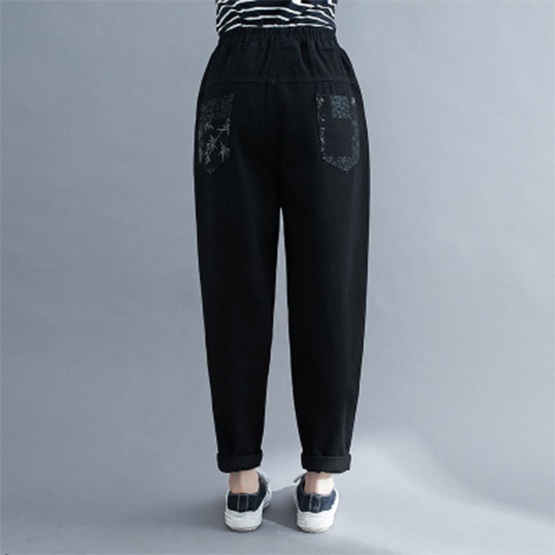 Autumn Arts Style Plus Size Women Jeans Elastic Waist Vintage Print Cotton Denim Harem Pants Femme Loose S47 210512