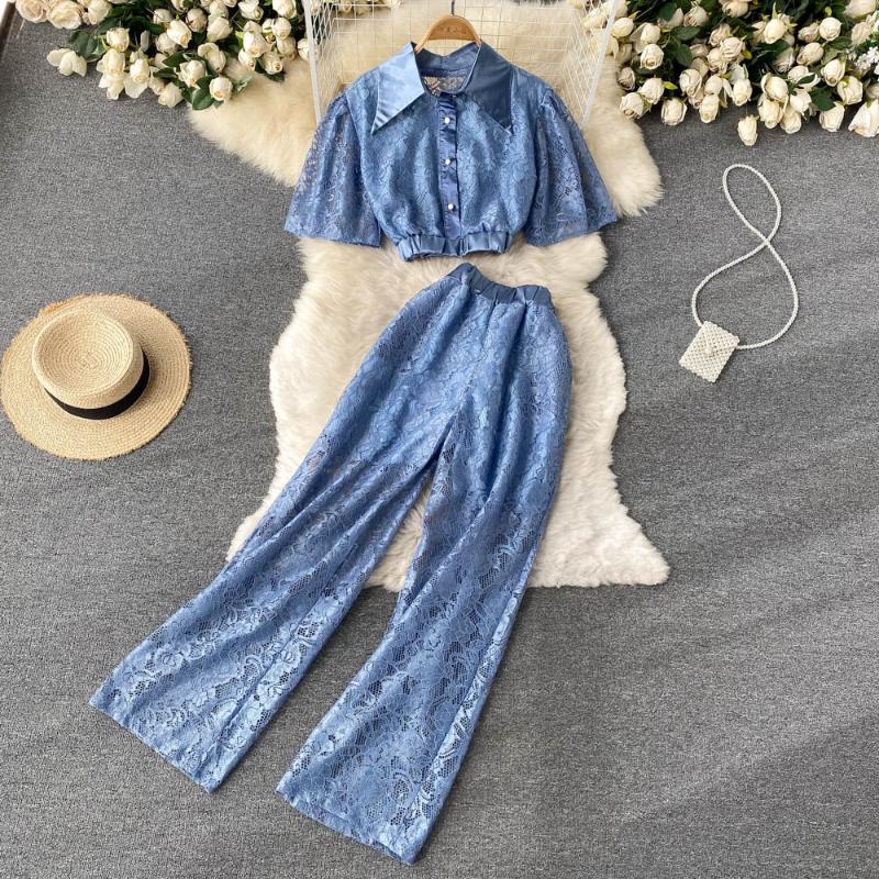 Women's Two Piece Pants Women Lace Set Spring Summer Elegant Turn-Down Collar Single Breasted Short Tops + High Waist Wide Leg Suits, White
Women's Two Piece Pants Women Lace Set Spring Summer Elegant Turn-Down Collar Single Breasted Short Tops + High Waist Wide Leg Suits, White