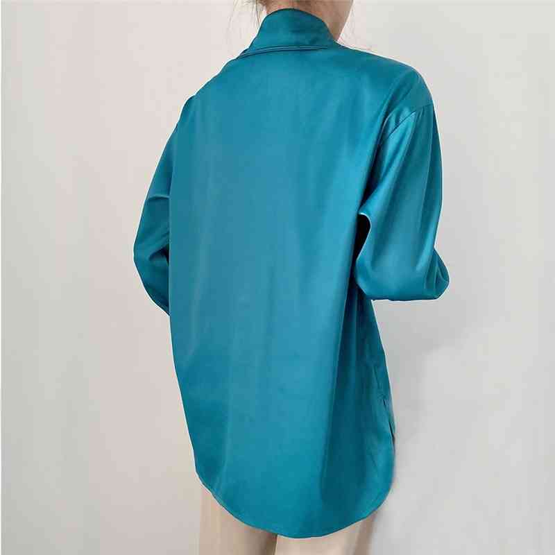 Elegant Women Satin Turn Down Collar Shirts Fashion Ladies Pocket Tops Streetwear Female Chic Button Solid Blouse 210430