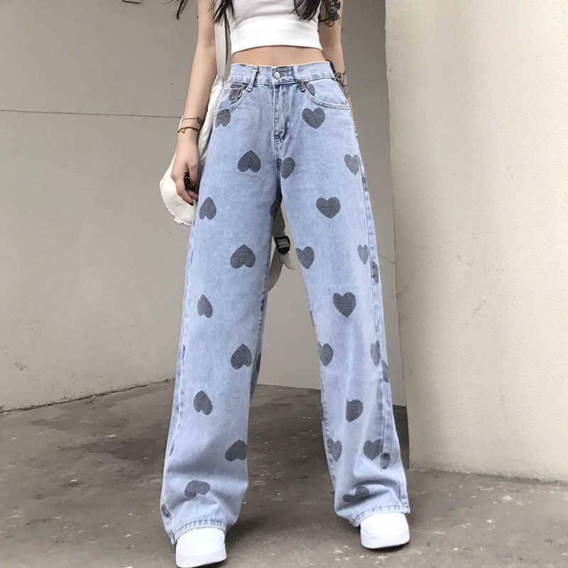 Heart Printing Jeans Women's Summer Fat Sister Large Size High Waist Loose Straight-Leg Wide-Leg Pants Fashion 210922