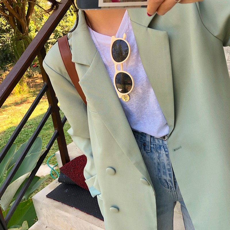 Vintage Chic Loose Light Green Women Blazer Summer One Button Female Suit Jacket Full Sleeve Outwear femme 210519