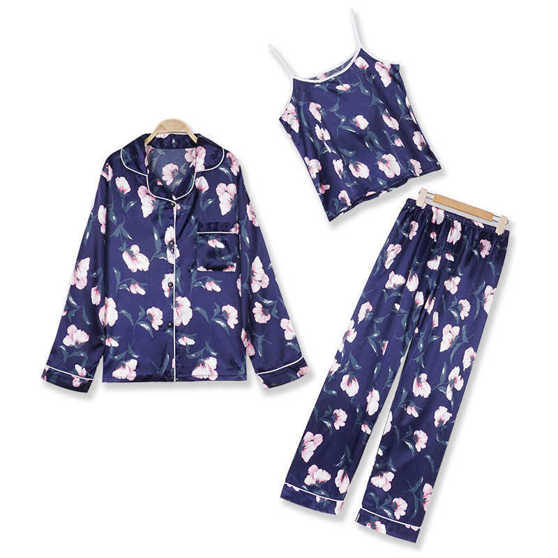 Spring Pajamas Suit Women Satin Home Wear Print Flower Sleep Set With Pocket Intimate Lingerie Navy Blue Pyjamas Q0706