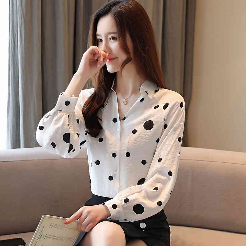 Autumn Fashion Elegant Women Blouses Casual Tops Shirts Clothing Long Sleeve V-neck Polka Dot 6143 50 210508