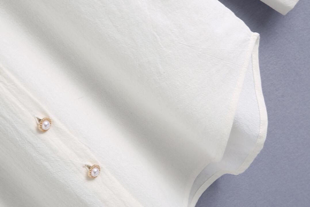 Spring Autumn Chic Lapel Pearl Buttons Women Shirt Double Pockets Loose Cotton Casual Blouse Tops Female Fashion 210429
