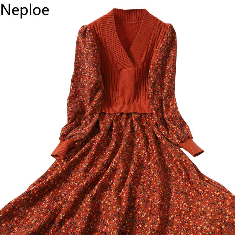 Neploe Patchwork Knitted Ribbed Dresses for Women Sweet Floral Corduroy Korean Vestidos V-neck Puff Sleeve Slim Robe Dress 4G411 210422