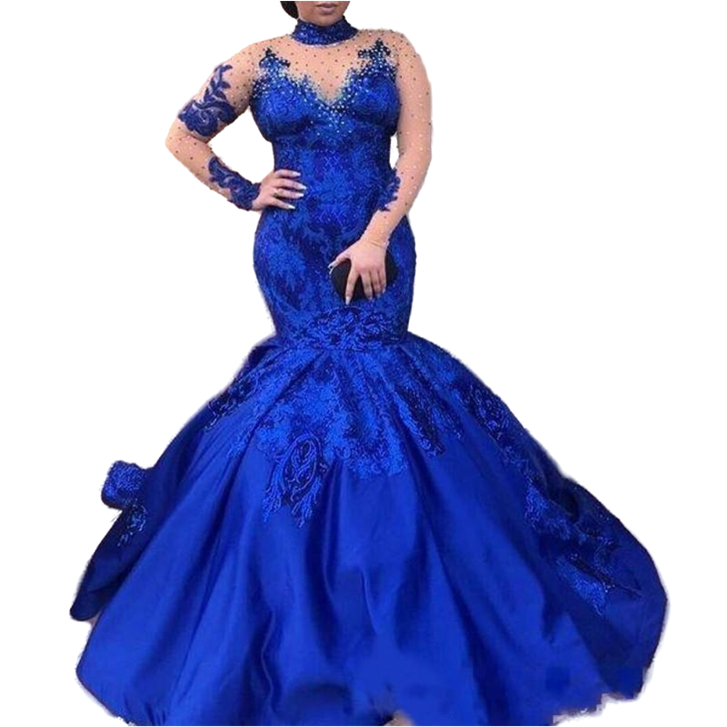 2022 Abiye Royal Blue Trumpet Prom Dresses High Neck Long Sleeves Lace Sequins Appliques Elegant Women Plus Size Mermaid Formal Gowns Evening Wear