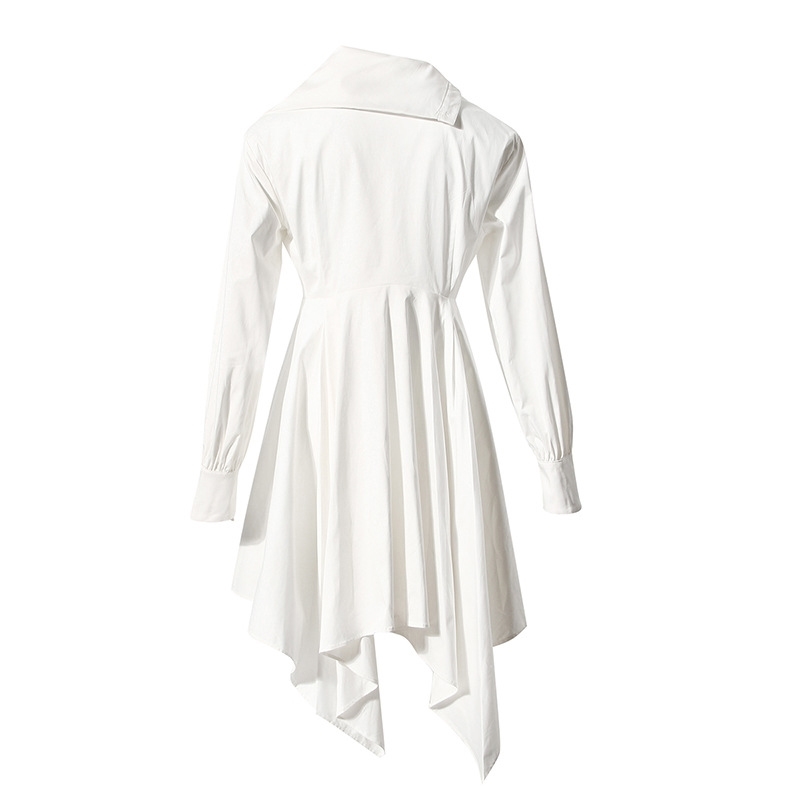 [EAM] Women Single Breasted Pockets White Dress Asymmetrical Long Sleeve Loose Fit Fashion Spring Autumn 1DD6953 210512