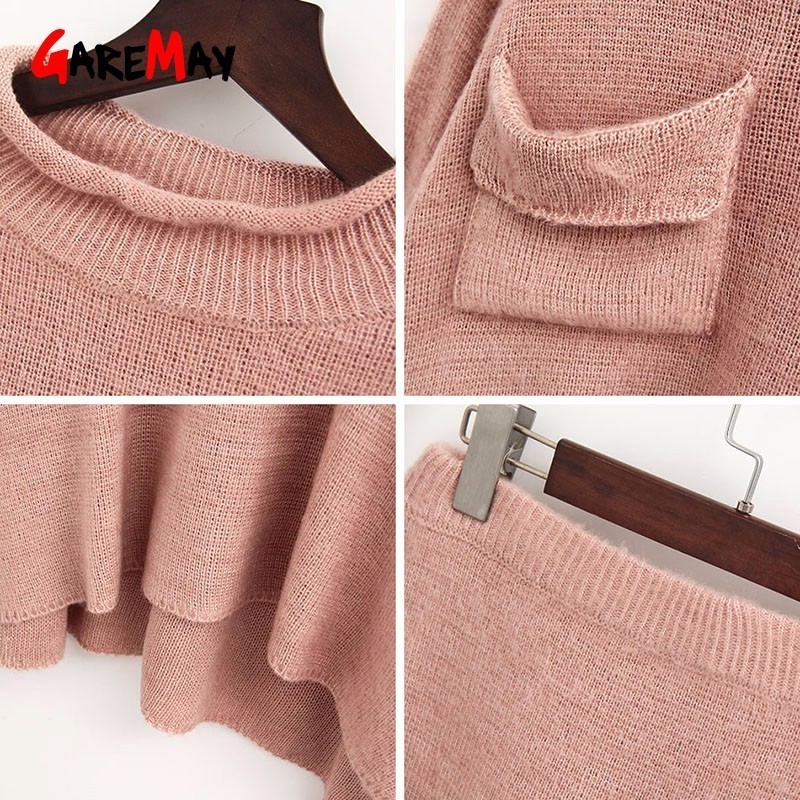 Two Piece Set Winter Office Wear O-Neck Knit Sweater Skirt Women Fasion Womens s For Clothing 210428
