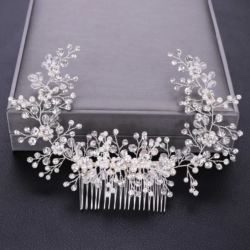Women Hair Combs Wedding Hair Accessories Tiara Pearl Rhinestone Silver Color Bridal Hair Ornament Flower Head Jewelry Headband X0625