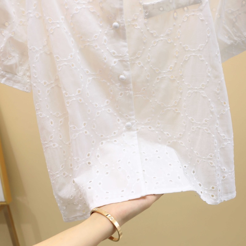Fashion Women Blouses Sweet Hollow Out Solid Chiffon Blouse Loose Puff Sleeve Cardigan Square Collar Woman's Shirts 9878 210506