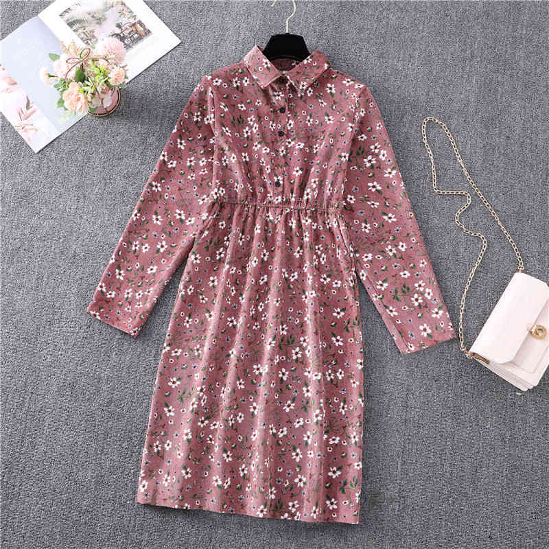 Fall Winter Spring Autumn Corduroy Women Long Sleeve Shirt Dress Pink Red Plaid Vintage Fashion Office Lady 210325