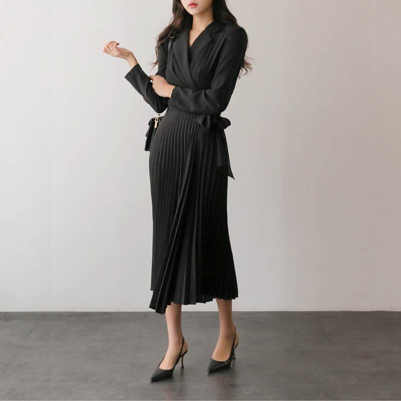 Elegant Pleated Dress Suit Collar Chiffon es Office Lady Women Autumn Korean Loose Midi High Waist with Belt 12922 210506