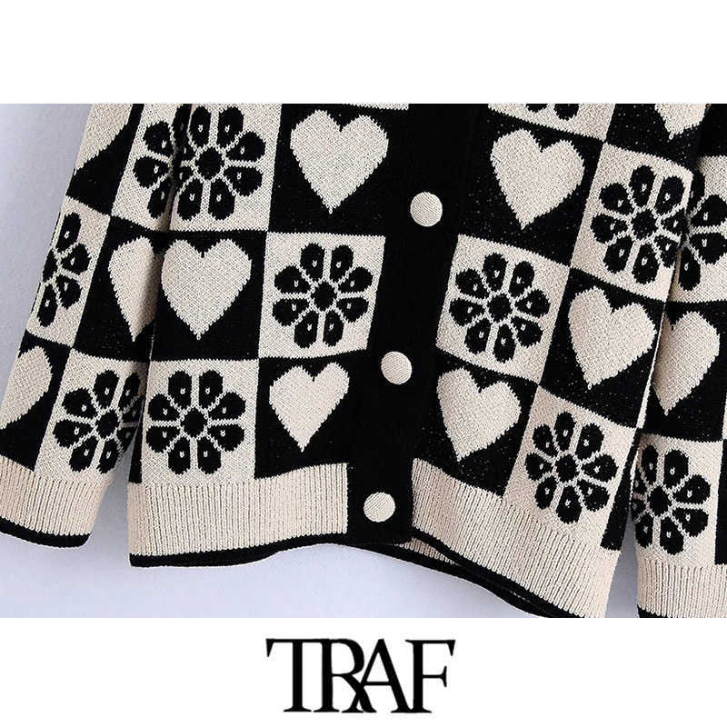 TRAF Women Fashion Jacquard Loose Knit Cardigan Sweater Vintage Long Sleeve Covered Buttons Female Outerwear Chic Tops 211011Z