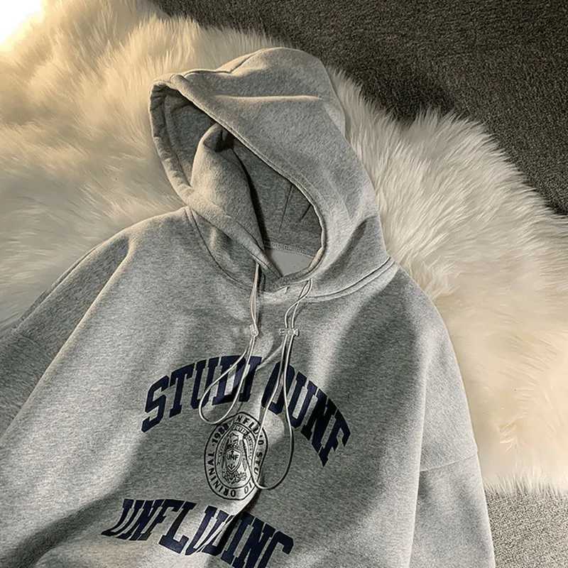 Letter Print Sweatshirt Vintage Women Hoodies Gray Cotton Warm Fleece Winter Pullovers Autumn Casual Streetwear Girls 210816