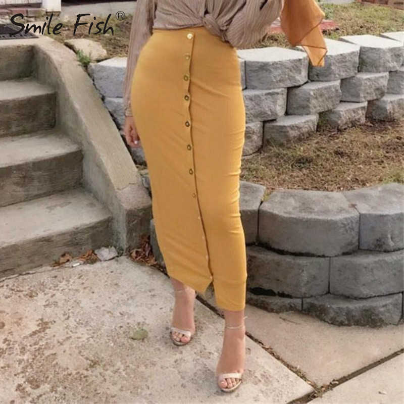 Winter Autumn Skirts High Waist Muslim Buttons Bodycon Sheath Long Skirt Women Solid Femme Pencil Streetwear GV799 210619