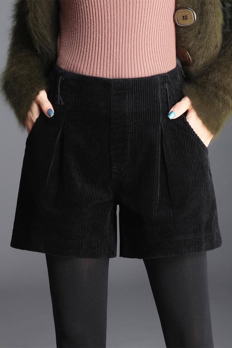 Korean Fashion Womens Female Elastic High Waist Black Wide Leg Corduroy Shorts , 2021 Winter Fall Casual For Women Women's