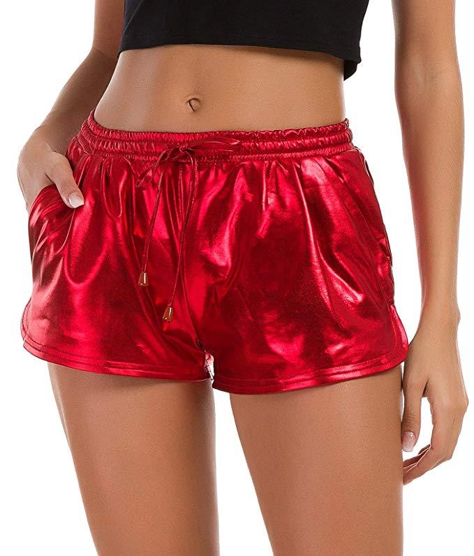 Women's Shorts Shiny Metallic With Elastic Drawstring Side Pockets Stitched Detail To The Front