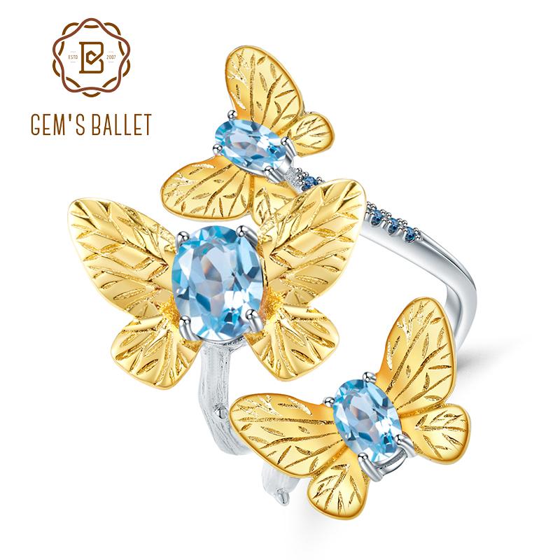 Cluster Rings GEM'S BALLET 925 Sterling Silver Handmade Butterfly Ring Fine Jewelry Natural Swiss Blue Topaz Adjustable Open For Women