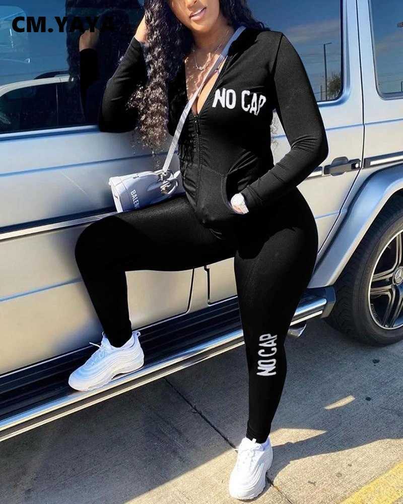 CM.YAYA Streetwear No Cap Sweatsuit Women's Set Track Hooded Jacket Legging Pants Active Tracksuit Two Piece Fitness Outfit 210930